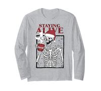 Funny Christmas Skeleton Drinking Coffee Skull Staying Alive Maglia a Manica