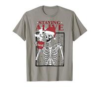 Funny Christmas Skeleton Drinking Coffee Skull Staying Alive Maglietta