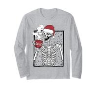 Funny Christmas Skeleton Drinking Coffee Smiling Skull Maglia a Manica