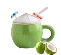 Funny Coffee Cups - Straw Lid Cute Ceramic Drinkware, Aesthetic Mug Coffee Cups, Reusable Beverage Cup for Women Girls | co-conut Style Tea Milk Juice Drinking Mug for Home Office Apartment Dorm