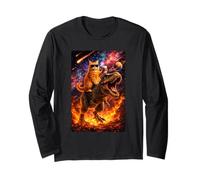 Funny Coffee Orange Cat Riding T-Rex in Cosmic Galaxy UFO Maglia a Manica