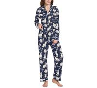 Funny Devon Rex Cats Navy Blue Loungewear Ladies Lapel Sleepwear Set, Funny Devon Rex Cats Blu Navy, Small