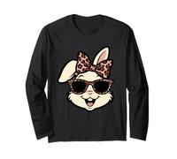 Funny Easter Bunny Face Leopard Bow & Glasses Girls Women Maglia a Manica