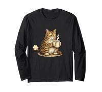 Funny Farting Cat Drinking Coffee Silly Tabby Cat Meme Maglia a Manica