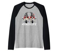 Funny GNOME Love Riding Motorcycle Skull Chopper Bikerlife Maglia con Maniche Raglan