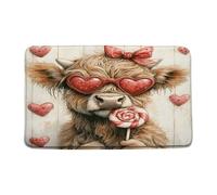 Funny Highland Cow Cute Cattle Bowknot Valentine'S Day Red Hearts Tappeti Da Bagno Asciugatura Rapida Zerbino Asciugapassi Trappola Sporco Tappeto Entrata Per Vasca Esterno Interno 40X60Cm