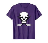 Funny Hockey Pirata Bandiera Cranio e Hockey bastoni Crossbones Maglietta, Uomo, Viola, L