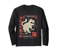 Funny Japanese Cat Skateboard Vintage Kawaii Graphic Maglia a Manica