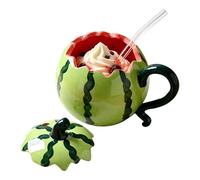 Funny Mugs - Humorous Fruit Novelty Cup, 300ml Watermelon with Straw Lid Drinkware, Shaped Ceramic Whimsical Beverage Tumbler | Quirky Tea Sipper Vessel Giggle Induction Coffee Steins For Women