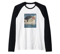 Funny Ocean Adventure Cat Biting a Shark Vintage Maglia con Maniche Raglan