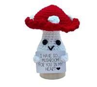 Funny Positive Crochet Mushroom - Cute Handmade Plush Ornament, Mini Decorative Shelf Figure Companion, Soft Desk Display Accessory | Workspacee Mood Booster, Bedroom Nightstand Styling Idea Room