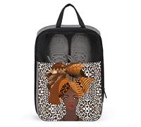 Funny Print Travel Shoe Bag,African American Woman Leopard Print Shoe Bag with Zipper & Handles,Waterproof Breathable Portable Large Shoes Storage Bag Shoes Organizer Pouch for Outdoor