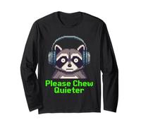 Funny Raccoon Pixel Art Please Chew Quieter Gamer Cuffie Maglia a Manica