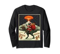 Funny Santa Cat Riding Rex Dinosaur Christmas Vintage Kids Maglia a Manica