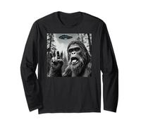Funny Sasquatch Bigfoot Rock On Selfie with UFO Alien Maglia a Manica