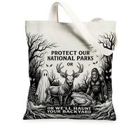 Funny Sasquatch Ghost Forest Quote Deer Graphic Canvas Tote Bag 33 x 38 cm | Scena della foresta, illustrazione di Sasquatch, figura fantasma, rospo, umorismo del bosco, conservazione della natura