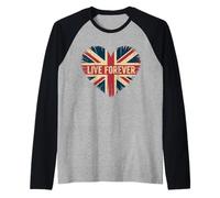 Funny Saying Live Forever Grunge UK Flag Heart Art Donne Uomini Maglia con Maniche Raglan