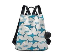 Funny Sharks - Zaino con stampa blu per viaggi e uso quotidiano, design con zip posteriore con tasche multiple e pompon