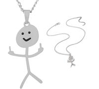 Funny Swearing Stick Man Necklace Pendant with Chain - Silver High Grade Stainless Steel - Middle Finger Flipping the Bird - Cute Minimalist Jewellery Gift for Men or Women - Smiley Guy - 45cm Chain Y