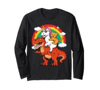 Funny Unicorn Cat Riding Dinosaur T-Rex Rainbow Space Galaxy Maglia a Manica