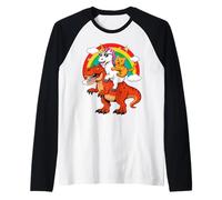 Funny Unicorn Cat Riding Dinosaur T-Rex Rainbow Space Galaxy Maglia con Maniche Raglan
