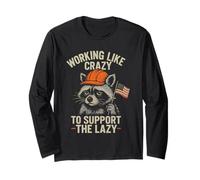 Funny Working Like Crazy To Support The Lazy US Flag Raccoon Maglia a Manica