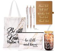 Funnymoom Set di 7 regali cristiani per donne religiose ispiratrici per la fede, set regalo religioso per amica, sorella, mamma, con bicchiere in vetro cristiano, quaderno biblico e penna, borsa