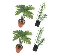 FUNOMOCYA 4 Miniature Dollhouse Bonsai Plants Artificial Bamboo Monstera Leaf With Realistic Texture Tiny Greenery Ornaments For Living Bedroom DIY Micro Scenery