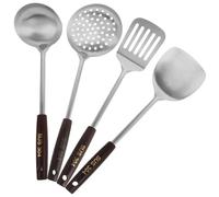 FUNOMOCYA 4pezzi Utensili Cucina in Acciaio Inox con Manico in Legno per Wok e Mestoli Cucchiai Forati per Drenaggio Efficiente Manici Lunghi per Sicurezza e Presa Confortevole Accessori