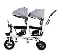 funrautz Passeggino gemellare con tettuccio, triciclo per bambini, triciclo a spinta con ruota in gomma antiurto, passeggino con cestino portaoggetti e imbracatura di sicurezza, grigio