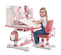 funrautz Scrivania per bambini con sedia, regolabile in altezza, con libreria e cassetto, piano del tavolo inclinabile da 0 a 50°, set di apprendimento ergonomico per bambini dai 3 anni in su, rosa