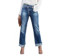 FUNRKLI Jeans da donna a vita alta, elasticizzati, arrotolabili, con risvolto, estivi, in denim, Blu, XL