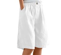 FUNRKLI Pantaloncini Estivi da Donna, Nuovi, Larghi, a Vita Alta, in Cotone e Lino, con Tasche dritte e Bottoni, Bianchi, Tag