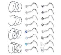Funseedrr 28pcs 20G Piercing Naso Borchie Anelli Set Viti Acciaio Chirurgico Naso Perno Septum Cerchio Osso a Forma di L 8/10/12mm Opale CZ Piercing Gioielli