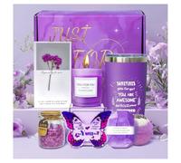 Funshot Set regalo alla lavanda per donne e ragazze, set da 7 pezzi per la cura della lavanda, ornamento a farfalla, bicchiere isolato, bombe di sale da bagno, aromaterapia lenitiva, regalo di