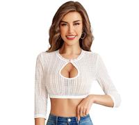 Funspread Camicia da Donna in Pizzo - Blusa Tradizionale da Dirndl per Oktoberfest, Bianca, Maniche 3/4, Taglia 36