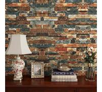 FunStick 40CM×12M Carta da Parati Adesiva Mobili Vintage Mattone Pietra Carta Adesiva per Mobili Mattoni Paraschizzi Parete Cucina Marrone Rosso Blu Pellicola Adesiva per Armadio Effetto Mattoni 3D