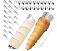 FUNSUEI set di 40 stampi a forma di corno di crema in acciaio inox per cannoli e cornetti, con spazzola per la pulizia, per la cucina, panetteria