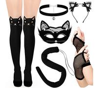 Funtery Set costume da gatto nero da donna, include maschera in maschera, calzini da gatto, orecchie in pizzo, collana girocollo con guanti a rete e calze a coda per feste di Halloween e cosplay