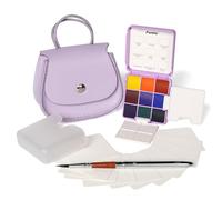 Funto Kit da Viaggio Acquerelli Tascabile, 9 Colori, Borsa in Pelle, Bicchiere per Acqua, Palette Pieghevoli e Cartoline Mini, Mini Pittura per Arte