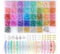 Funtopia Kit di perline di vetro da 6 mm, 1396 perline di vetro sfumate per bracciali, perline rotonde di cristallo in 34 colori, per artigianato fai da te, con distanziatori e ciondoli