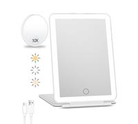 FUNTOUCH Specchio da trucco da viaggio ricaricabile con luci, specchio ingranditore x10, specchio di cortesia luminoso portatile con 80 LED, batteria da 2000 mAh, illuminazione a 3 colori, dimming