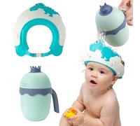 FUNUPUP Cappello da doccia per bambini con tazza per il risciacquo, cappello regolabile per bambini che si lavano i capelli con lo shampoo, per bambini da 6 bocche a 9 anni (blu dinosauro)