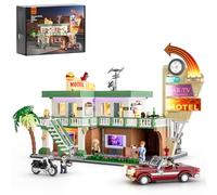 FUNWHOLE City Car-Motel - Set di mattoncini retrò con illuminazione, modello di auto e moto da viaggio, 1970 pezzi per adulti e adolescenti
