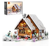 FUNWHOLE Natale Cabina Sciistica Set di Mattoncini da Costruzione con Illuminazione, 2187 Pezzi Collezione di Case di Neve con Luce LED Giocattoli Invernali per Adulti e Ragazzi