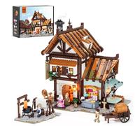 FUNWHOLE Set sartoria medievale con illuminazione - 1994 mattoncini, edificio storico con 5 minifigure e accessori - Espandibile per diorami medievali - Per costruttori 16+