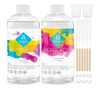 Funxim Resina Epossidica Trasparente Atossica 1000ml, Kit resina epossidica, Rapporto 1: 1 della miscela facile Resina epossidica e indurente con misurino, contagocce, bastoncini di legno, guanti