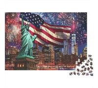 Fuochi d'artificio bandiera americana difficile, puzzle 1000 pezzi per adulti, Statua della Libertà, bandiera, fuochi, città, premium robusto alta qualità, stimolante, antistress, 38x26cm/1000pz