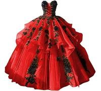 Fuomomo Abiti da Quinceanera gotici con Tulle e Pizzo Floreale Nero Abiti da Quinceanera e Sweet 15 in Stile Bohémien con Spalle Scoperte MT048