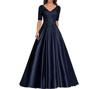 Fuomomo Abiti per la Madre della Sposa in Raso di Pizzo Abiti da Sera Lunghi da Cerimonia con Applicazioni in Pizzo Abiti da Ballo con Mezza Manica